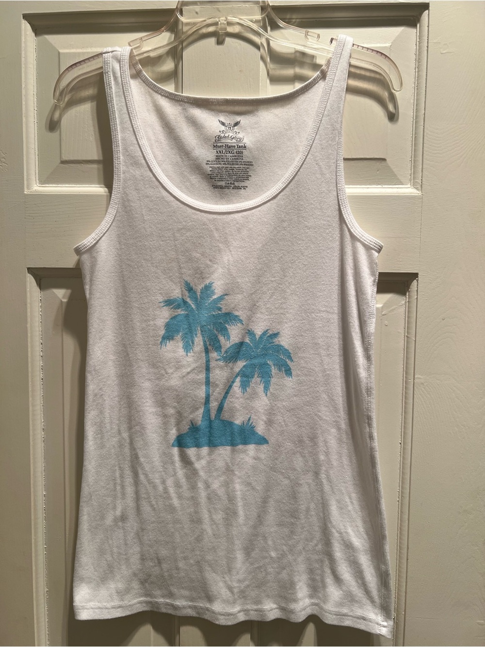 Faded Glory White Blue Tropical Palm Graphic Print Scoop Neck Tank Top 2XL